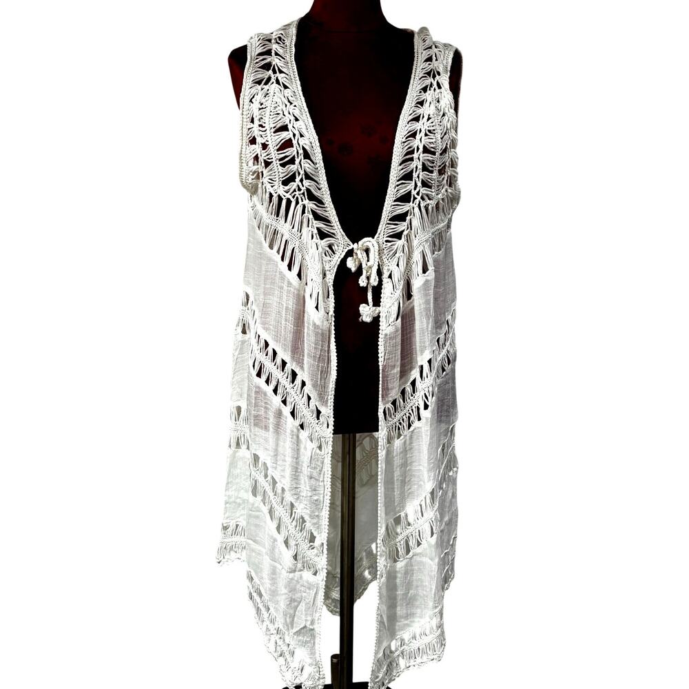 Zuriel NWT Crochet Fringe White Cotton Beach Coverup One Size Boho Festival